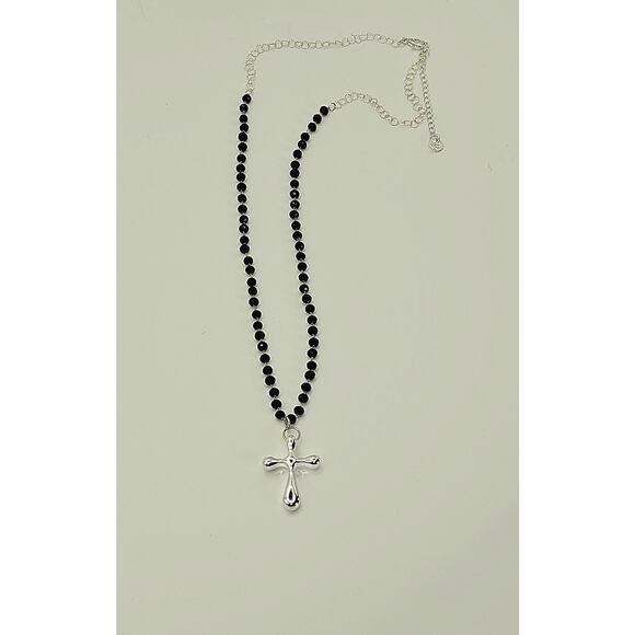 Sterling Silver Cross Necklace Adjustable Black Rosary Chain Lightweight - Picture 2 of 6